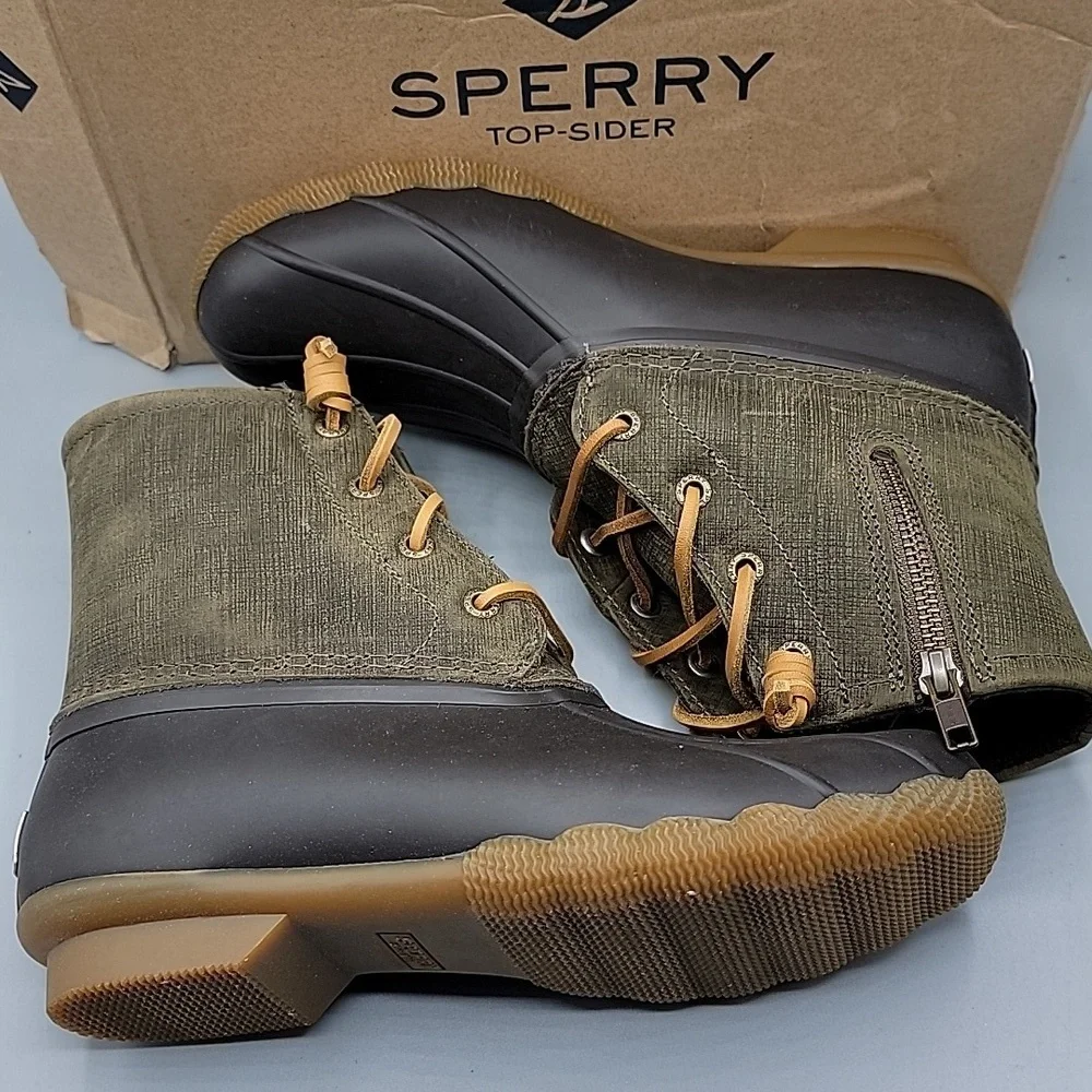 Sperry Saltwater Brown & Olive Duck Boots size 7 - Picture 2 of 11